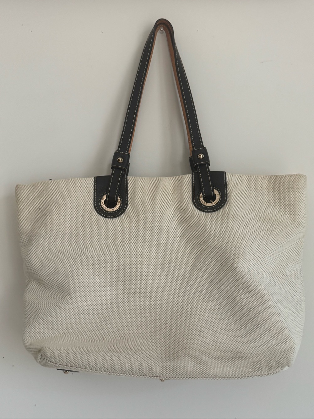 Dooney & Bourke Unique Cream Canvas Tote with Black Leather Handles